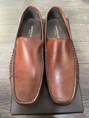 Kenneth Cole Cognac Leather Slip-On Loafers with Woven Side Detail